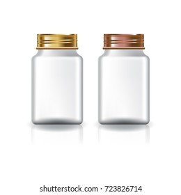 White square supplements, medicine bottle (gold & copper lid) for beauty or healthy product. Isolated on white background with reflection shadow. Ready to use for package design. Vector illustration.