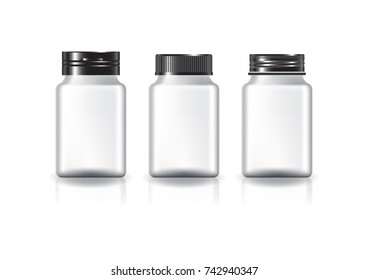 White square supplements, medicine bottle (3 styles black lid) for beauty or healthy product. Isolated on white background with reflection shadow. Ready to use for package design. Vector illustration.
