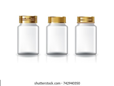 White square supplements, medicine bottle (3 styles gold lids) for beauty or healthy product. Isolated on white background with reflection shadow. Ready to use for package design. Vector illustration.