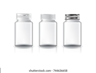 White square supplements, medicine bottle (3 styles white lid) for beauty or healthy product. Isolated on white background with reflection shadow. Ready to use for package design. Vector illustration.