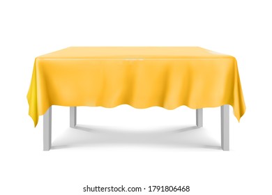 Mesa cuadrada blanca con manteles amarillos sobre fondo blanco.tela,realistick,3d.mobiliario para interiores, ilustración vectorial