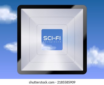 White square tunnel with glossy black edge frame on cloud blue sky background. Vector plastic square tech frame with white passe-partout. Rectangle futuristic logo border. For photo, message, logo