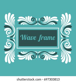 White square wave frame in a marine style on a blue background. Design for greeting cards, Invitations. Vector illustration