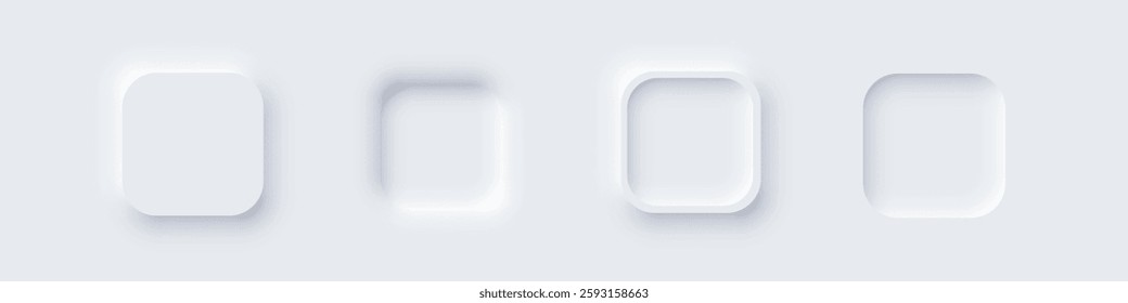 White square web buttons. Soft glowing circular UI elements in modern neomorphism style. Abstract 3D buttons with subtle shadows and light effects. Minimalist vectors for apps, digital interfaces.