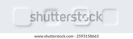 White square web buttons. Soft glowing circular UI elements in modern neomorphism style. Abstract 3D buttons with subtle shadows and light effects. Minimalist vectors for apps, digital interfaces.