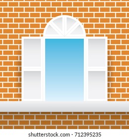 White square window orange brick home wall and blue sky background. Brown red flat block building windowpane house partition backdrop vector.