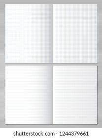 White squared, lined note, notebook paper with opened page stuck on gray backgroud. Vector illustration