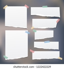 White squared note, notebook paper strips with torn edges stuck with colorful sticky tape on dark background. Vector illustration.