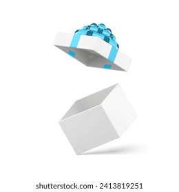 White squared open gift box with blue bow ribbon on cap present pack 3d icon realistic vector illustration. Cute elegant surprise package expensive container for festive holiday celebration congrats