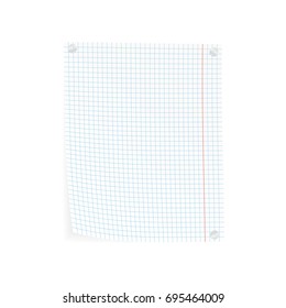 White squared paper sheet with curled corner and pin. Vector template.
