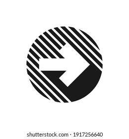 white squared right arrow with shadow in black stripy circle. Icon isolated on white. Continue, log int, enter button.  Next sign. East arrow.