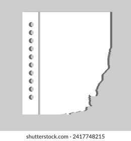 White squared ripped notebook paper sheet is stuck on gray wooden wall, desk 3 2