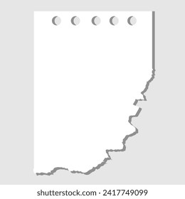 White squared ripped notebook paper sheet is stuck on gray wooden wall, desk 3 4