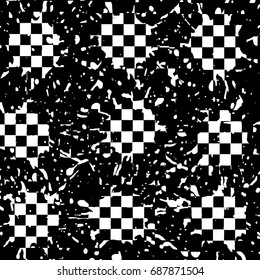 white squares chess. spray paint. black background. monochrome grunge texture. vector illustration