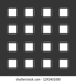 White squares framed by lines and dots, positioned on a black background. Grid pattern. Tile. Vector illustration.