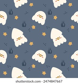 White squid cartoon so cute. On starfish seaweed blue background. Pattern seamless vector illustration. 
