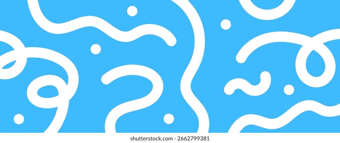 White Squiggle Memphis Seamless Pattern on Blue Background Vector