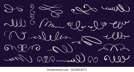 White Squiggle Pencil Line Collection. Thin doodle of abstract strokes in hand drawn style. Smears with grungy charcoal texture