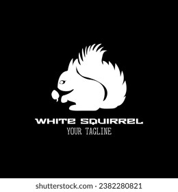 White squirrel with acorn. Logo with text on black background. Vector illustration