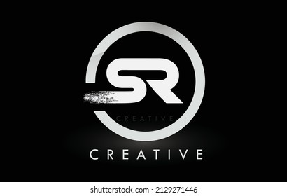 White SR Brush Letter Logo Design with Black Circle. Creative Brushed Letters Icon Logo.