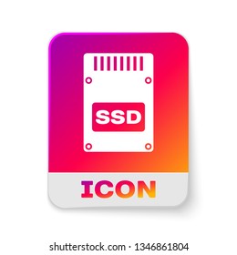 White SSD card icon isolated on white background. Solid state drive sign. Storage disk symbol. Rectangle color button. Vector Illustration