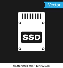 White SSD card icon isolated on black background. Solid state drive sign. Storage disk symbol. Vector Illustration