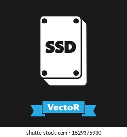White SSD card icon isolated on black background. Solid state drive sign. Storage disk symbol.  Vector Illustration