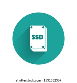 White SSD card icon isolated with long shadow. Solid state drive sign. Storage disk symbol. Green circle button. Vector Illustration