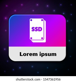 White SSD card icon isolated on black background. Solid state drive sign. Storage disk symbol. Rectangle color button. Vector Illustration