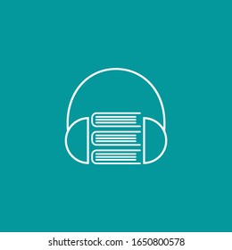 pila blanca de libros con auriculares o auriculares aislados en fondo azul. Ilustración vectorial plana. Logo en línea de educación en Internet. Estudia, aprende el concepto en línea. Escucha el libro de audio.