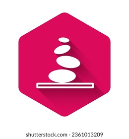 White Stack hot stones icon isolated with long shadow. Spa salon accessory. Pink hexagon button. Vector
