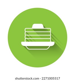 White Stack of pancakes with honey icon isolated with long shadow background. Breakfast concept. Green circle button. Vector