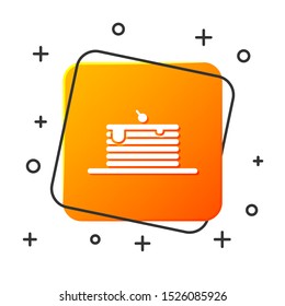 White Stack of pancakes icon isolated on white background. Baking with syrup and cherry. Breakfast concept. Orange square button. Vector Illustration