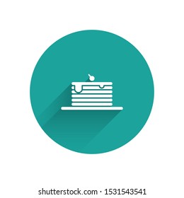 White Stack of pancakes icon isolated with long shadow. Baking with syrup and cherry. Breakfast concept. Green circle button. Vector Illustration