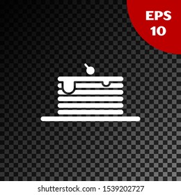 White Stack of pancakes icon isolated on transparent dark background. Baking with syrup and cherry. Breakfast concept.  Vector Illustration