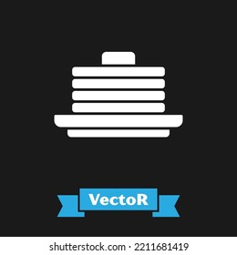 Icono de Pila Blanca de tortitas aisladas en fondo negro. Hornear con jarabe y cereza. El concepto de desayuno.  Vector