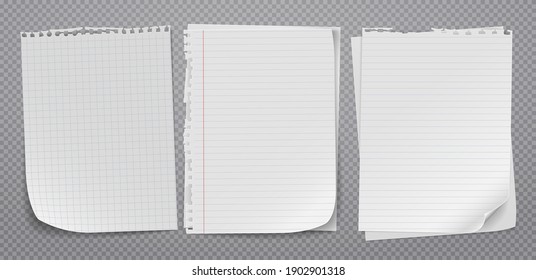 White stacked lined and blank note, notebook paper are on grey squared background for text, advertising or design. Vector illustration