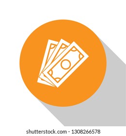 White Stacks paper money cash icon isolated on white background. Money banknotes stacks. Bill currency. Orange circle button. Flat design. Vector Illustration