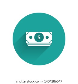 White Stacks paper money cash icon isolated with long shadow. Money banknotes stacks. Bill currency. Green circle button. Vector Illustration