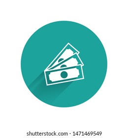 White Stacks paper money cash icon isolated with long shadow. Money banknotes stacks. Bill currency.  Green circle button. Vector Illustration