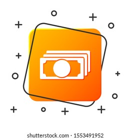 White Stacks paper money cash icon isolated on white background. Money banknotes stacks. Bill currency. Orange square button. Vector Illustration