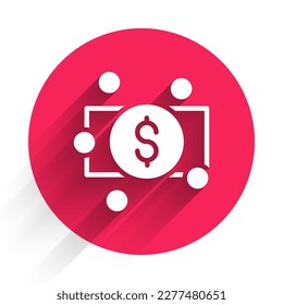White Stacks paper money cash icon isolated with long shadow background. Money banknotes stacks. Bill currency. Red circle button. Vector