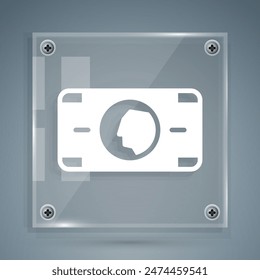 White Stacks paper money cash icon isolated on grey background. Money banknotes stacks. Bill currency. Square glass panels. Vector