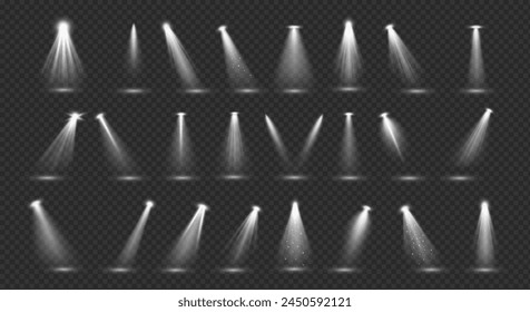 White stage backlight effects 3d realistic vector illustration set. Bright lamps glowing design. Stage spot beams on transparent background