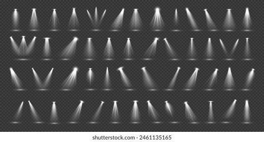 White stage backlight effects 3d realistic vector illustration set. Bright lamps glowing design. Stage spot beams on transparent background