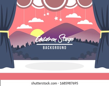 white stage with curtain and mountain background. Flat Vector Illustration. Kids Design Background. Web vector illustration. Vector Background.