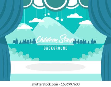 White stage with curtain and mountain background. Flat Vector Illustration. Kids Design Background. Web vector illustration. Vector Background.