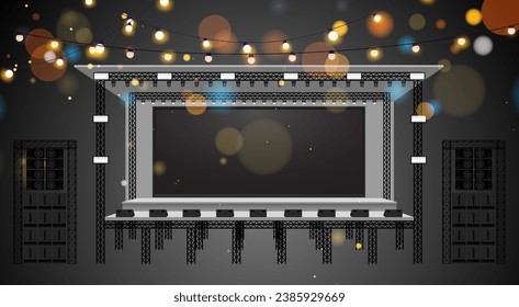 white stage and hanging light on truss system in the dark room