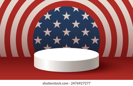 Escenario blanco sobre fondo de Anuncio americano. Antecedentes USA. Diseño americano. Podio de forma geométrica Abstractas para la exhibición del producto en el fondo azul. 4 de julio