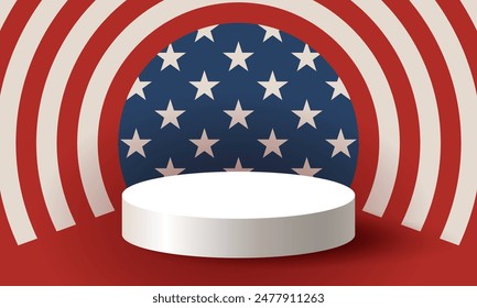 White stage on America banner background. USA background. American design. Abstract geometric shape podium for product display on blue background. 4th of july